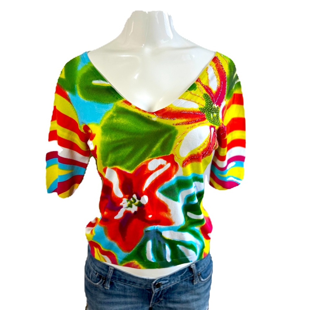 DOLCE CABO MULTICOLOURED BEADED FRONT V NECK CROPPED TOP SIZE LARGE
